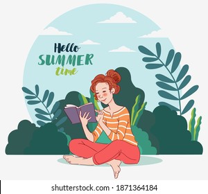 Cute young woman reading a book in the garden. Nature landscape background. Summer holidays illustration. Vacation time