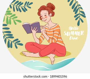 Cute young woman reading a book. Nature landscape background. Summer holidays illustration. Vacation time