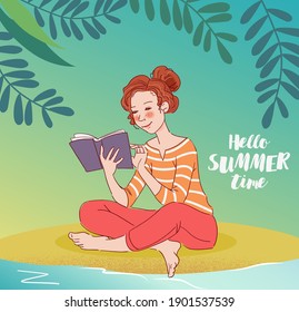 Cute young woman reading a book. Nature landscape background. Summer holidays illustration. Vacation time