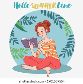Cute young woman reading a book. Nature landscape background. Summer holidays illustration. Vacation time