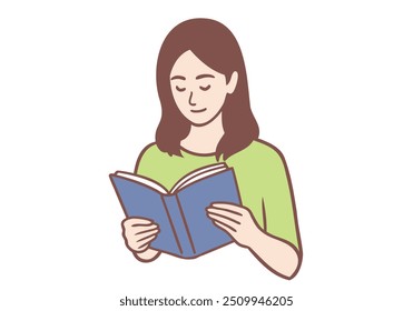 Cute, young woman reading a book. Hand drawn style vector design illustrations.