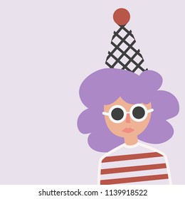 Cute young woman ready to party. Cartoon style girl on birthday fest
