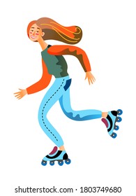 Cute young woman rollerblading, enjoying speed. Smiling girl rides on roller skates isolated on white background. Vector character illustration of sport activity, outdoor leisure, healthy lifestyle