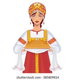 Cute young woman in russian traditional clothes with round loaf, vector image, eps10