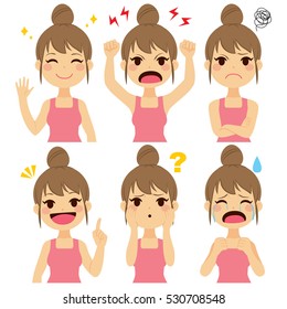 Cute young woman set with six different expressions