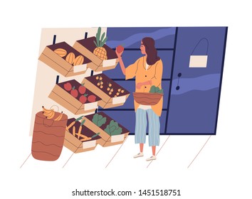 Cute young woman with shopping basket buying food at grocery store. Funny girl choosing fruits and vegetables at supermarket. Daily routine, everyday activity. Flat cartoon vector illustration.