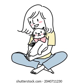 Cute young woman sitting with adorable cat on her lap. Happy woman sitting on the floor with her cat. Smiling woman playing with white cat at home. White cat sitting happily on owner's lap.