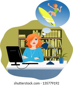 Cute young woman sitting at her desk in the office, thinking about herself, surfing. Vector illustration