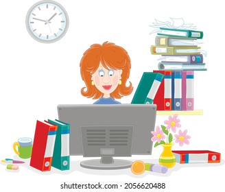 Cute young woman sitting at her desk with documents in folders and working at a desktop computer in an office of a human resources department, vector cartoon illustration isolated on white