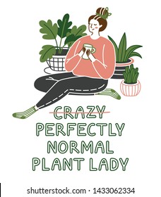Cute Young Woman Sitting On The Floor With Plants Growing In Pots.Crazy Plant Lady. Vector Illustration Isolated On White Background. 