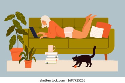 Cute young woman sitting on comfy chair with laptop computer in cozy room. Funny adorable girl working at home. Daily life of freelance worker, everyday routine. Flat cartoon vector illustration.