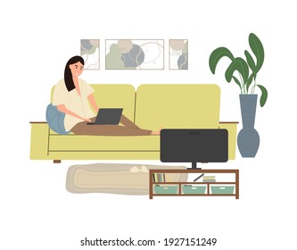 Cute Young Woman Sitting On The Couch With Laptop Computer In Cozy Room Front Of The TV. Funny Adorable Girl Working At Home. Daily Life Of Freelance Worker, Everyday Routine. Flat Cartoon Vector Illu