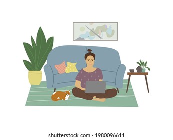 Cute young woman sitting on the floor with laptop computer in cozy room with your cat. Funny adorable girl working at home. Daily life of freelance worker, everyday routine. Flat cartoon. Vector.