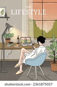 Cute young woman sitting on comfy chair with laptop computer in cozy room. Home interior. Drinking wine. Watching movie. Domestic life. Trendy hand drawn style. Flat design line vector illustration.