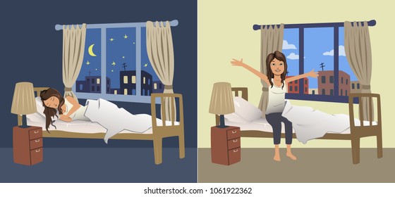 Cute young woman sleep at night in the bedroom and wake up in the morning. Vector illustration.