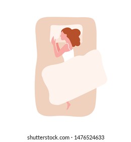 Cute young woman sleeping on bed under blanket or duvet. Female character relaxing during night slumber. Girl dozing or napping on comfy mattress. Top view. Flat cartoon colorful vector illustration.