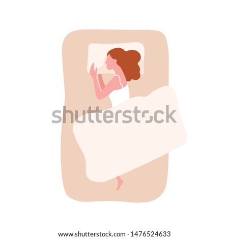 Cute young woman sleeping on bed under blanket or duvet. Female character relaxing during night slumber. Girl dozing or napping on comfy mattress. Top view. Flat cartoon colorful vector illustration.