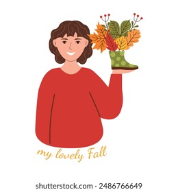 A cute young woman smiles and holds in her hand a boot with a bouquet of various leaves. Vector illustration of colorful leaves with the inscription my favorite leaf fall, card, invitation, banner