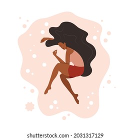Cute young woman snuggled. Top view. Vector flat design illustration.