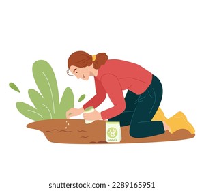 Joven mujer linda sembrando semillas de flores en el jardín en primavera. La jardinera cultiva plantas. Ilustración de vectores en estilo plano aislado en blanco