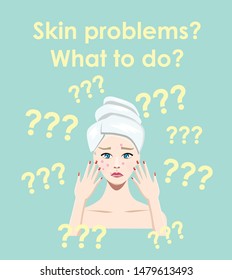 Cute young woman standing in the bathroom and examining her acne skin. Everyday personal care, skincare daily routine, hygienic procedure. Flat cartoon colorful vector illustration.