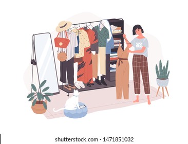 Cute young woman standing in front of hanger rack and trying to choose outfit. Smiling girl in dressing room. Funny female character holding clothes. Cartoon vector illustration in flat style.