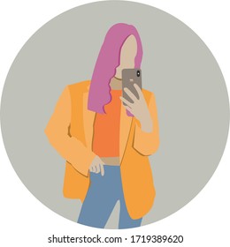 Cute young woman standing in front of mirror and trying to make selfie. Girl in dressing room. Funny female character holding phone. Cartoon vector illustration in flat style