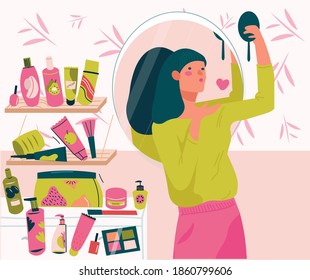 Cute Young woman standing in front of mirror. Face and body care concept flat vector illustration in modern style. Flat cartoon vector illustration.