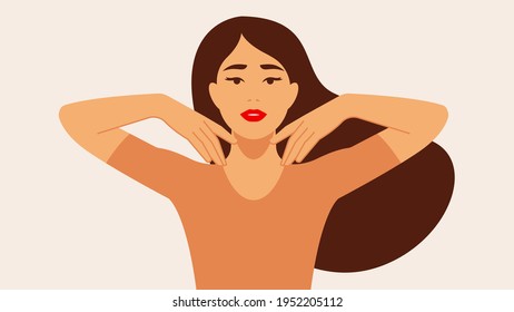 Cute Young Woman Standing In Front And Touching Her Face. Concept Of Skincare, Daily Routine, Facelifting Massage, Procedure. Flat Modern Cartoon  Illustration.