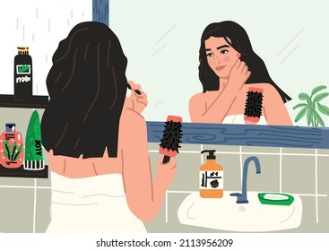 Cute young woman standing in front of mirror andand combs her hair. Everyday personal care, skincare daily routine, hygienic procedure. Flat cartoon colorful vector illustration.