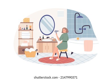 Cute young woman standing in front of mirror combing and drying her hair. Everyday personal care, morning routine, skincare daily routine, hygienic procedure. Flat cartoon vector illustration.