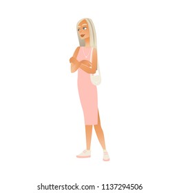 Cute young woman standing in pink dress, white sneakers with arms crossed smiling. Beautiful blonde female character in casual clothing with handbag, purse at shoulder. Vector illustration