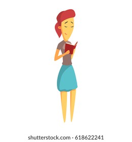Cute young woman standing and reading book. Colorful cartoon character