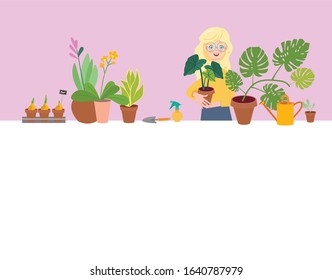 Cute young woman taking care of houseplants growing in pots or planters. Urban home garden. Vector illustration in flat style. Banner background with copy space.