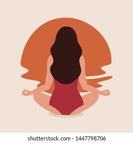 Cute young woman in a terracotta swimsuit does yoga on the beach and looks at the sunset. Vector illustration