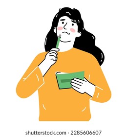 Cute young woman thinking and taking notes. concept study notebook, write a diary. Hand drawn style vector design illustration, outline, linear, thin line, doodle art.