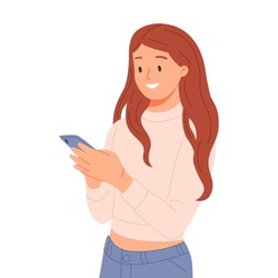 Cute young woman uses a smartphone. The girl is holding a gadget. Pastime in social networks. Internet addiction. Vector illustration in flat style