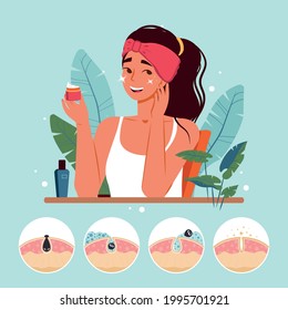 Cute young woman using natural cosmetics and moisturizing her skin flat illustration. Everyday personal care, skincare daily routine, hygienic procedure. Teenage skin, blackheads and healthy skin.