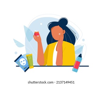 Cute young woman using natural cosmetics and moisturizing her skin flat illustration. Everyday personal care, skincare daily routine, hygienic procedure. Teenage skin, blackheads and healthy skin.