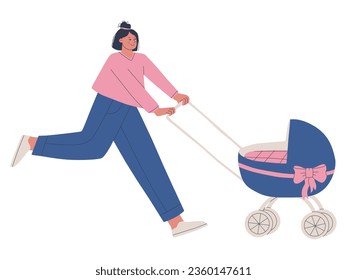 Una jovencita linda camina con un coche de bebé. Una joven y feliz madre camina con su hijo en un cochecito. Ilustración aislada de vectores para el diseño.