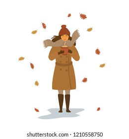 cute young woman warming up with hot drink in a mug in the park under falling dry autumn leaves isolated vector illustration scene