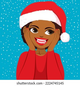 Cute young woman wearing Santa Claus hat illustration. Beautiful excited Santa girl with hands on face. Happy female character on blue snowflake background
