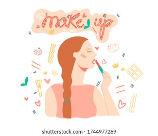 Cute young woman wears lipstick. Funny flat vector illustration with doodle elements and lettering in trendy style. Everyday personal care concept.