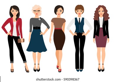 Cute young women in different style clothes vector illustration. Businesswoman and office girl character isolated on white background