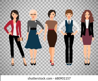 Cute young women in different style clothes vector illustration. Businesswoman and office girl character isolated on transparent background