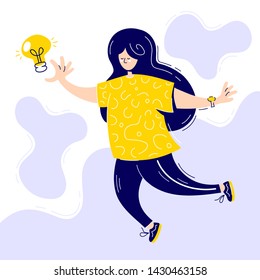 Cute young women jumps to catch light bulb. Vector modern trendy flat style cartoon character illustration icon design. Isolated on white background. Idea concept
