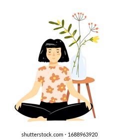 Cute young yoga girl or woman meditation at home with flowers in the vase. Sitting in lotus pose on the floor. Vector hand drawn cartoon.