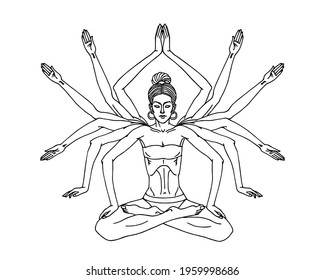 cute young yogi girl with twelve hands in lotus position, belly vacuum, Shiva god pose, vector illustration with black ink contour lines isolated on a white background in cartoon and hand drawn style