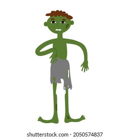 A cute young zombie of green color in ragged gray clothes. Halloween illustration in cartoon childish style for your holiday design.