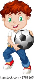 Cute youngboy cartoon character holding football illustration